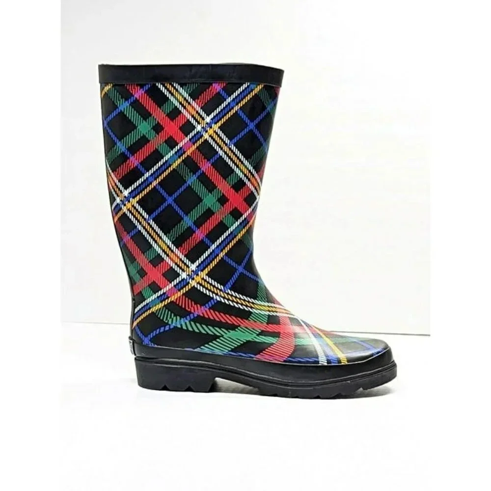Sugar Raffle 4 Women's Waterproof Tall Rain Boots Plaid Size 9 M (MSRP $70)